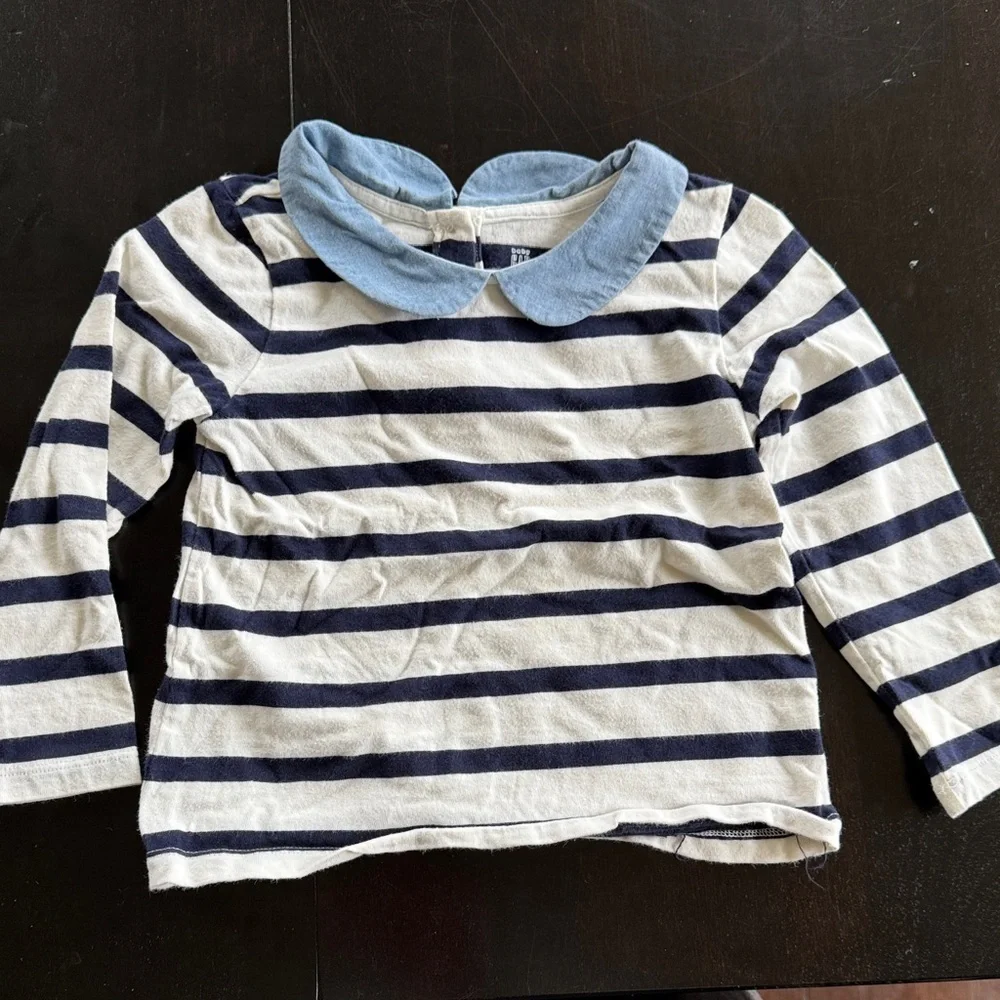 GAP Navy and White Striped Long-Sleeve Top with Light Blue Collar